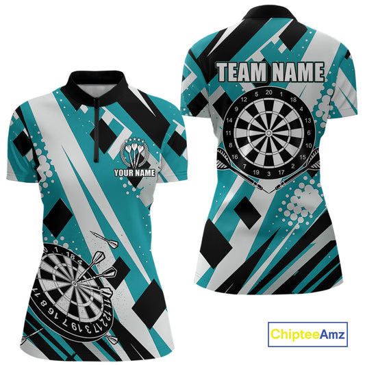 Custom Turquoise Geometric Darts Polo & Quarter Zip For Women, Darts Team Jersey Outfit TDM5027