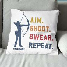 Load image into Gallery viewer, Funny Vintage Archery Aim Shoot Swear Repeat Custom Name White Pillow TDM0756