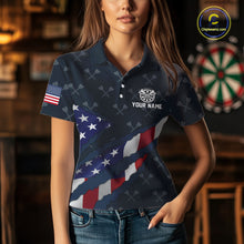 Load image into Gallery viewer, Navy Blue American Flag Darts Shirt For Women Custom Darts Polo &amp; 1/4 Zip, Patriotic Darts Jersey TDM5954