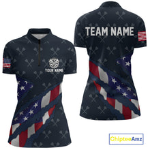 Load image into Gallery viewer, Navy Blue American Flag Darts Shirt For Women Custom Darts Polo &amp; 1/4 Zip, Patriotic Darts Jersey TDM5954