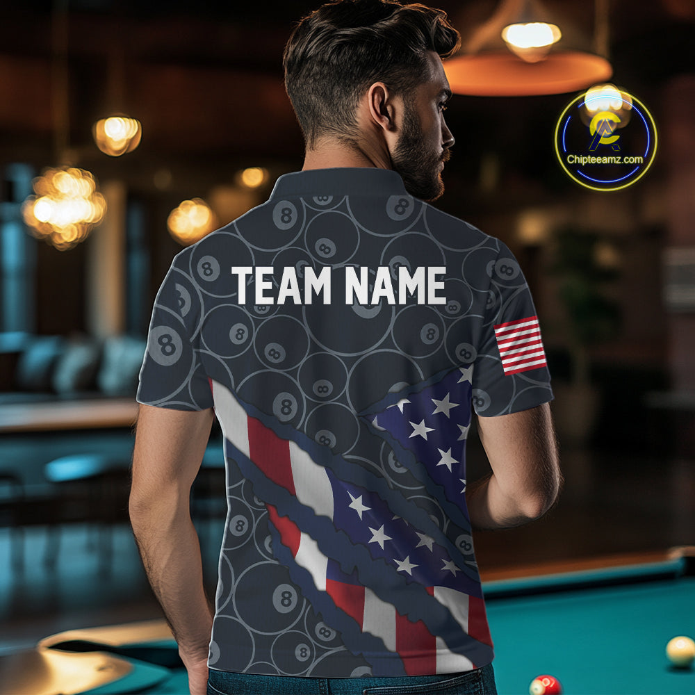 Navy Blue US Flag 8 Ball Billiard Shirt For Men Custom Patriotic Pool Team Jersey Polo & 1/4 Zip TDM5955