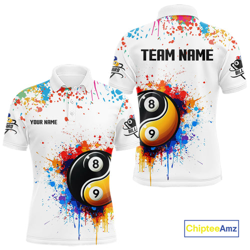 Funny Yin Yang 8 Ball & 9 Ball Colorful Splash Custom Men's Billiard Shirts, Pool Jerseys|White TDM4018
