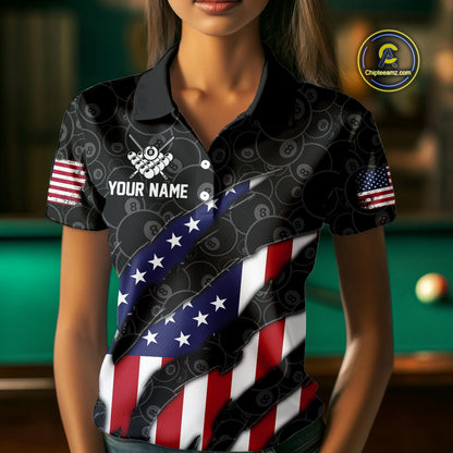 Personalized American Flag Billiard Shirts For Women, Patriotic 8 Ball Pool Team Jersey | Black TDM4027