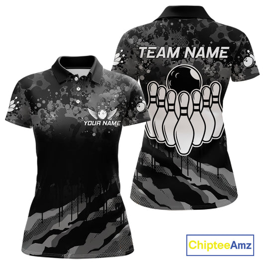 Personalized Grunge Camo Bowling Jersey For Women, Bowling League Team Shirts Polo & 1/4 Zip TDM6542
