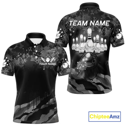 Custom Black And Grey Camo Bowling Shirt For Men, Grunge Bowling Team Jersey Polo & 1/4 Zip TDM6543