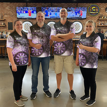 Load image into Gallery viewer, Darts team wearing matching purple butterfly smoke darts jerseys during league competition front view.