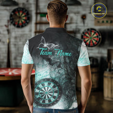 Load image into Gallery viewer, Back view of man wearing a turquoise butterfly smoke darts shirt.
