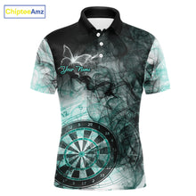 Load image into Gallery viewer, Turquoise butterfly smoke darts polo shirt for men with custom darts team graphics.
