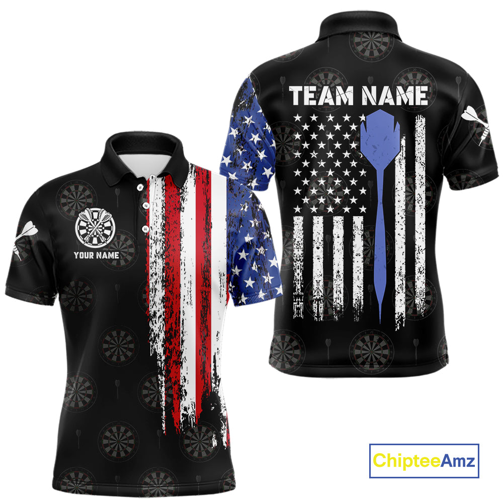 Personalized Grunge American Flag Dart Polo & Quarter Zip For Men Custom Patriotic Darts Jerseys TDM4618