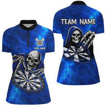 Load image into Gallery viewer, Death Skeleton Custom Blue Dart Shirts For Women, Personalized Name 3D Skull Dart Team Jerseys TDM3018