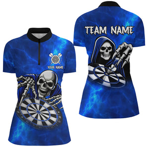 Death Skeleton Custom Blue Dart Shirts For Women, Personalized Name 3D Skull Dart Team Jerseys TDM3018