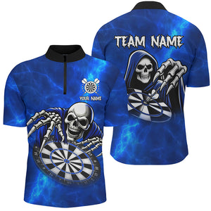 Death Skeleton Custom Blue Dart Shirts For Men, Personalized Name 3D Skull Dart Team Jerseys TDM3018