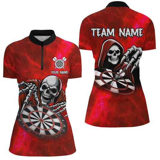 Grim Reaper Custom Red Dart Shirts For Women, Personalized Name 3D Skull Dart Team Jerseys TDM3019