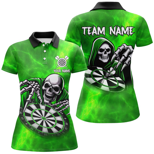 Death Skeleton Custom Green Dart Shirts For Women, Personalized Name 3D Skull Dart Team Jerseys TDM3020