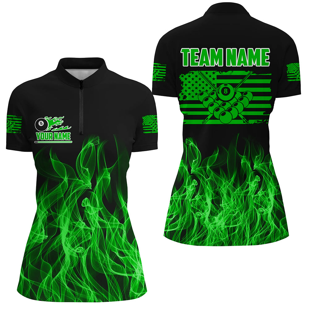 3D Green Flaming American Flag Women Billiard Shirt Custom Patriotic Pool Player Billiard Jersey TDM3452