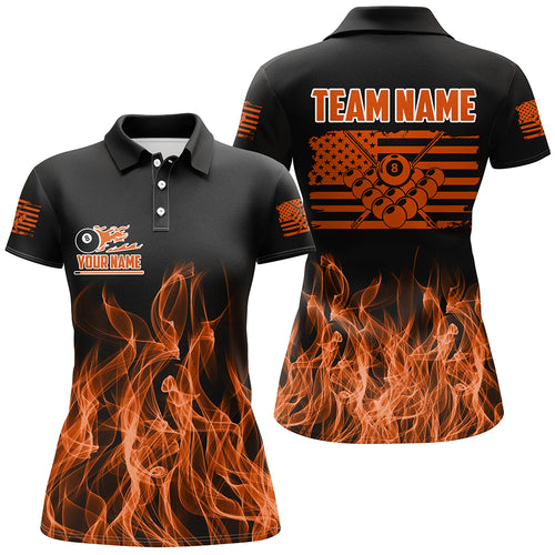 3D Orange Flaming American Flag Women Billiard Shirt Custom Patriotic Pool Player Billiard Jersey TDM3453