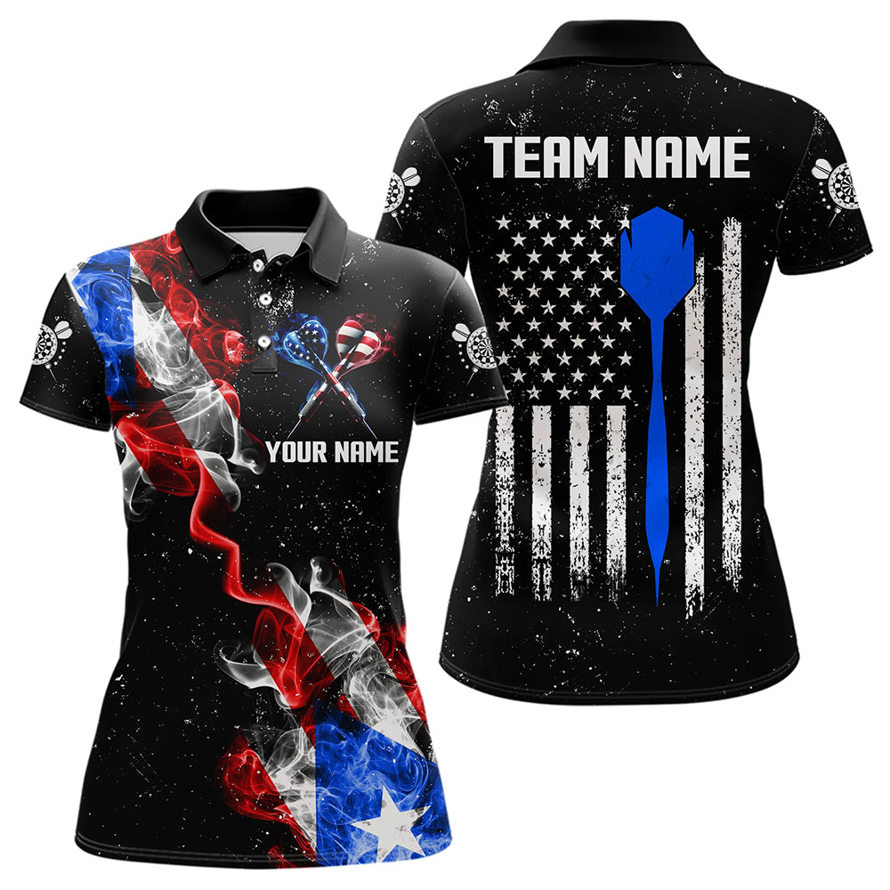 Customized Grunge US Flag Smoke Darts Polo & Quarter-Zip Shirts, Patriotic Darts Jerseys For Women TDM3456