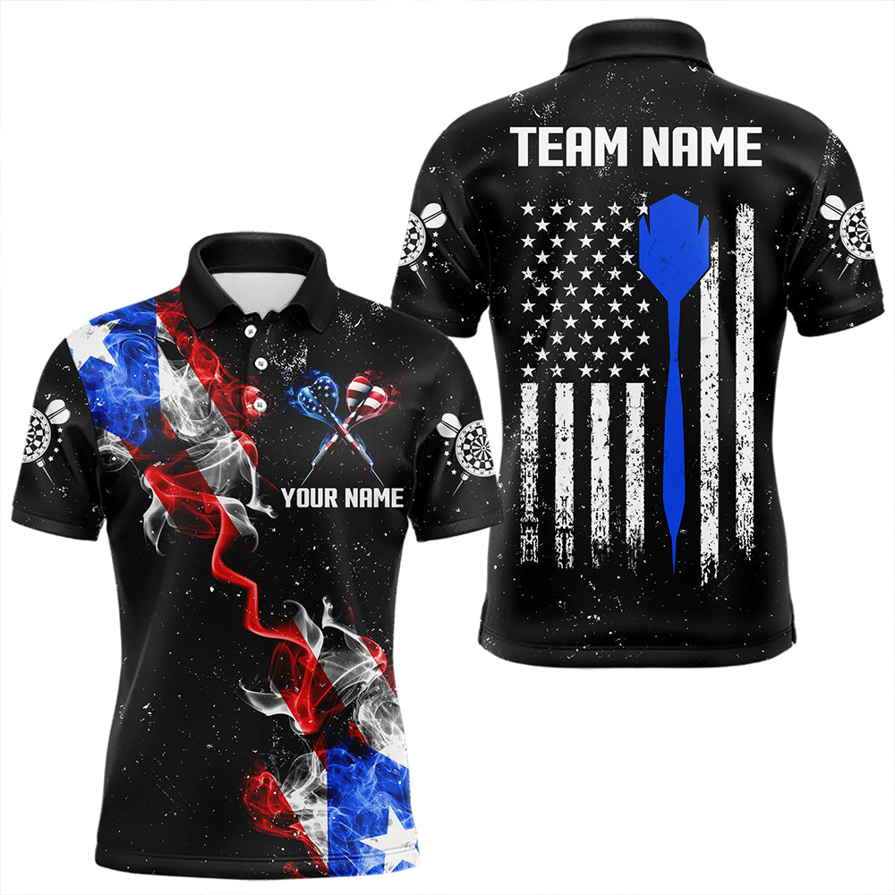 Customized Grunge US Flag Smoke Darts Polo & Quarter-Zip Shirts, Patriotic Darts Jerseys For Men TDM3456