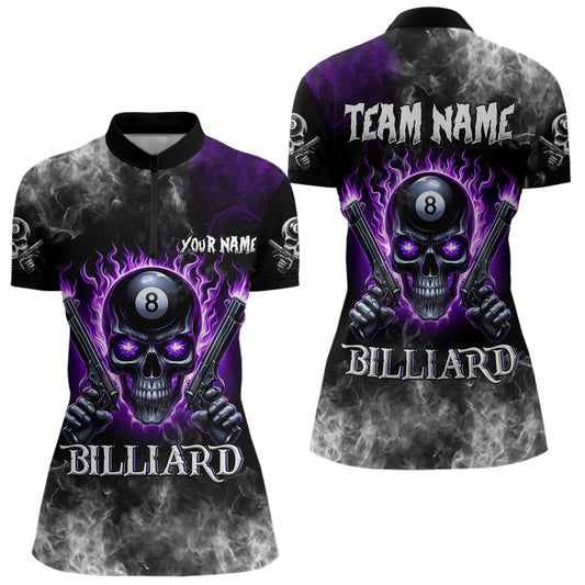 Personalized Purple 8 Ball Fire Flame Gun Skull Smoke Billiard Shirt For Women, Cool Billiard Jersey TDM3604