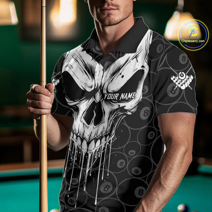 Personalized Skull 8 Ball Billiard Shirt For Men Custom Pool Team Jersey Polo & 1/4 Zip |White TDM6362