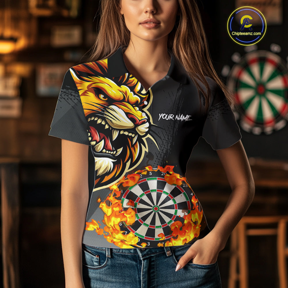 Funny Darts Flame Lion Custom Polo & Quarter-Zip, Personalized Women Dart Shirts Dart Jerseys TDM4033
