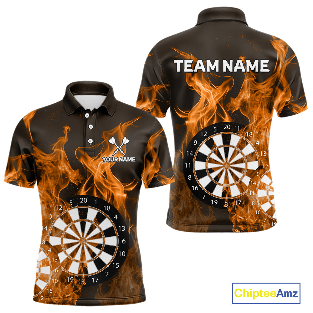Orange Flaming Dartboard Darts Polo & Quarter Zip Custom Dart Shirts For Men Team Dart Jerseys TDM4229