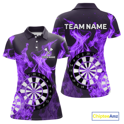 Purple Flaming Dartboard Darts Polo & Quarter Zip Custom Dart Shirts For Women Team Dart Jerseys TDM4230