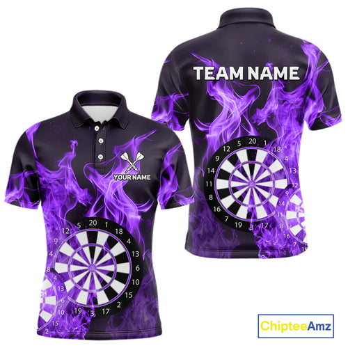Purple Flaming Dartboard Darts Polo & Quarter Zip Custom Dart Shirts For Men Team Dart Jerseys TDM4230