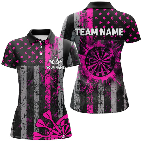 Custom Pink Grunge US Flag Patriotic Darts Shirt For Women, Retro Darts Board Darts Team Jerseys TDM2068
