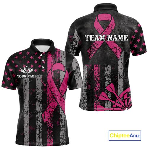 Custom Pink Ribbon Grunge American Flag Patriotic Darts Shirt For Men, Breast Cancer Darts Jersey TDM4623