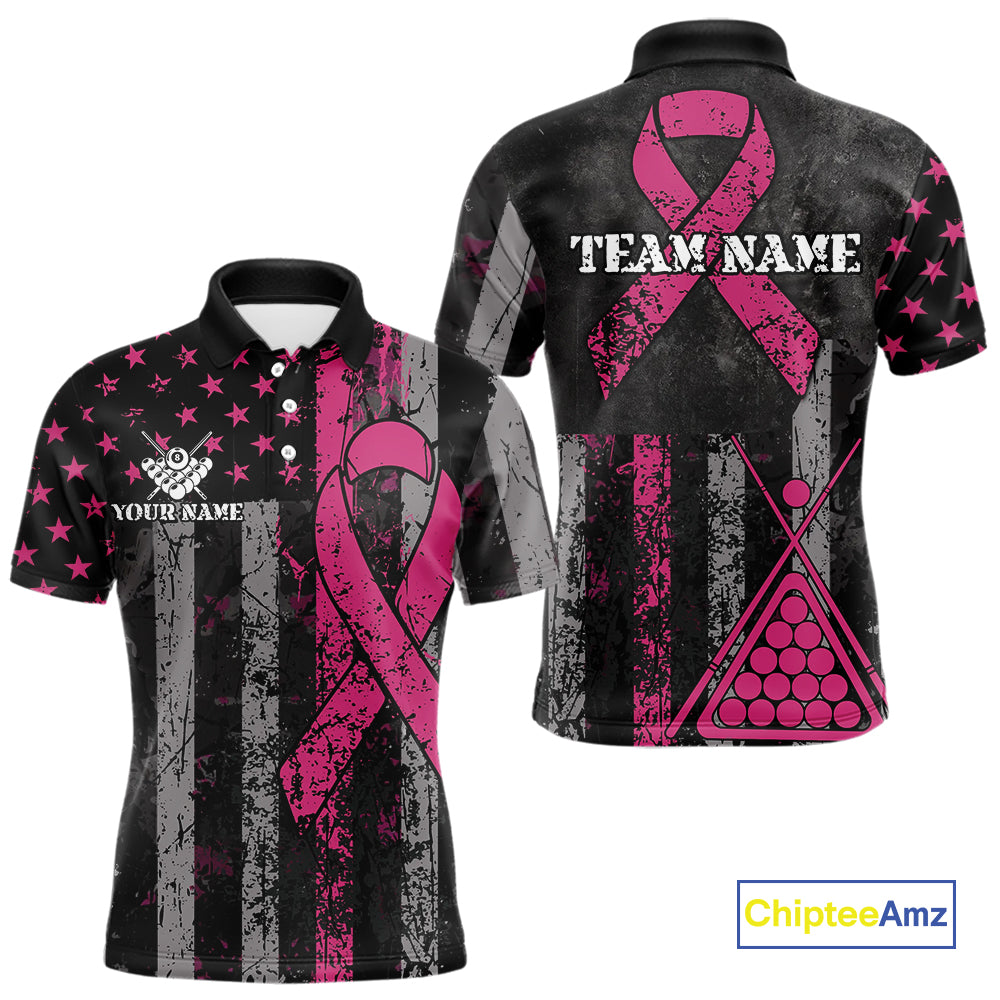 Custom Pink Ribbon Grunge US Flag Billiard Shirt For Men, Patriotic Breast Cancer Pool Team Jersey TDM4624