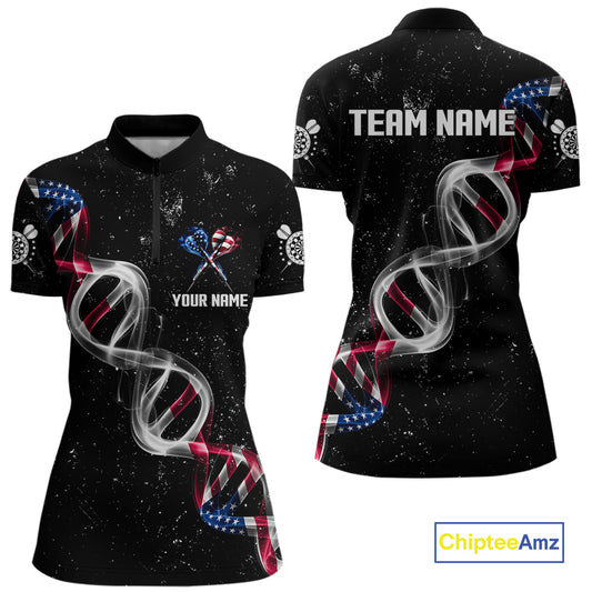 Custom American Flag Smoke DNA Darts Jersey Polo & 1/4 Zip For Women, Patriotic Darts Team Jersey TDM4626