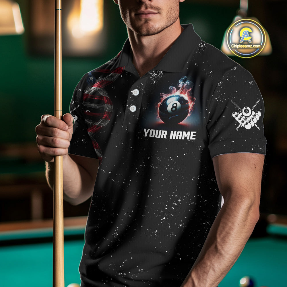Men's Custom DNA American Flag Smoke 8 Ball Billiard Shirt, Patriotic Pool Jersey Polo & 1/4 Zip TDM4627