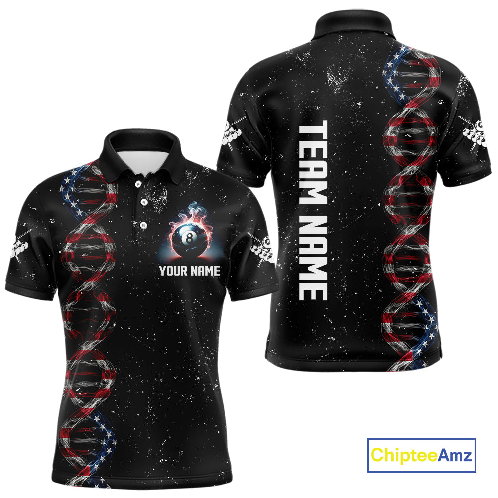 Men's Custom DNA American Flag Smoke 8 Ball Billiard Shirt, Patriotic Pool Jersey Polo & 1/4 Zip TDM4627