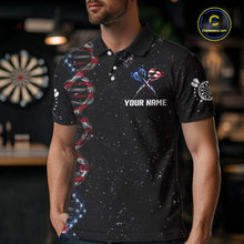 Load image into Gallery viewer, Custom Men&#39;s Black Grunge DNA American Flag Smoke Darts Shirt, Patriotic Dart Jersey Polo, 1/4 Zip TDM4628