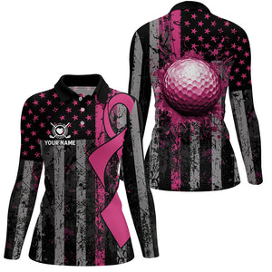 Pink Ribbon Breast Cancer Awareness Womens Golf Polo Shirts Custom Patriotic US Flag Golf Gifts TDM2540