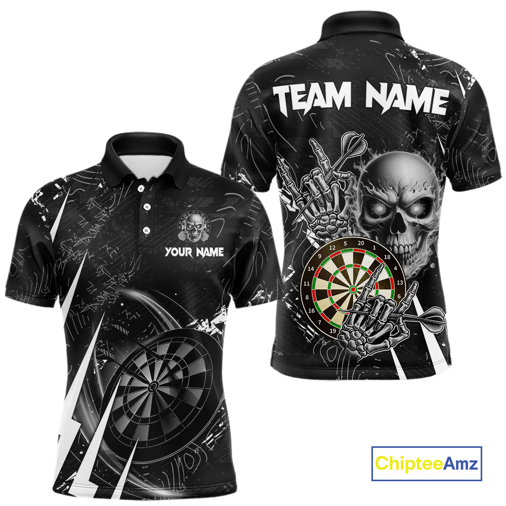 White Black 3D Skull Darts Polo & 1/4 Zip For Men Custom Darts League Team Jersey, Best Darts Gift TDM4828