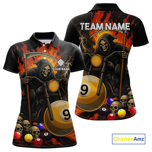 Personalized Grim Reaper Motorcycle Billiards Shirt For Women Custom Funny 9 Ball Pool Team Jersey TDM5264