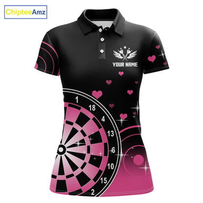 Pink And Black Darts Wings Polo & Quarter Zip Custom Darts Shirt For Women, Valentine Darts Gifts TDM5765