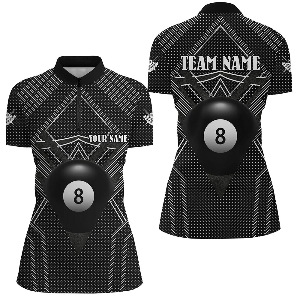 Personalized Black Billiards Jerseys Women Quarter-Zip Shirts, 8 Ball Pool Billiards Outfit TDM1278