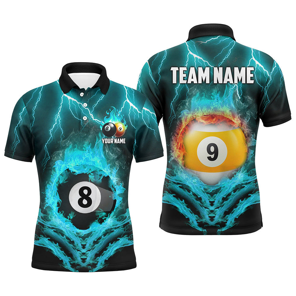 Billiard 8 Ball & 9 Ball Fire Lightning Men Polo & 1/4 Zip Shirts Custom Billiard Jersey |Turquoise TDM1644