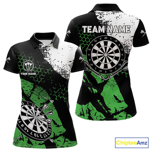 Retro Black Green Grunge Pattern Darts Polo, Quarter Zip Custom Women Dart Shirt Team Dart Jersey TDM4039