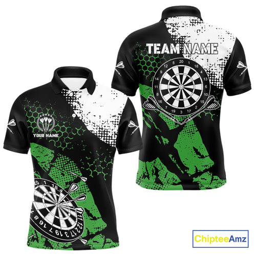 Retro Black Green Grunge Pattern Darts Polo, Quarter Zip Custom Men Dart Shirt Team Dart Jersey TDM4039