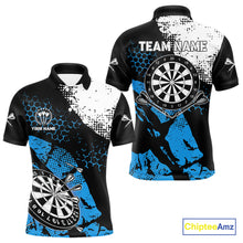 Load image into Gallery viewer, Retro Black Blue Grunge Pattern Darts Polo, Quarter Zip Custom Men Dart Shirt Team Dart Jersey TDM4040