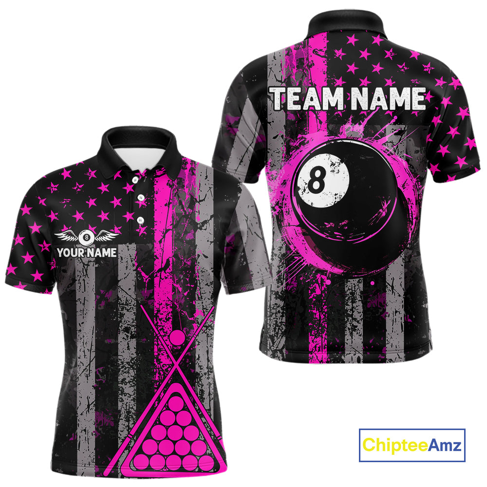 Custom Pink Grunge US Flag Patriotic Billiard Shirts For Men, Retro 8 Ball Pool Billiard Jersey TDM4045