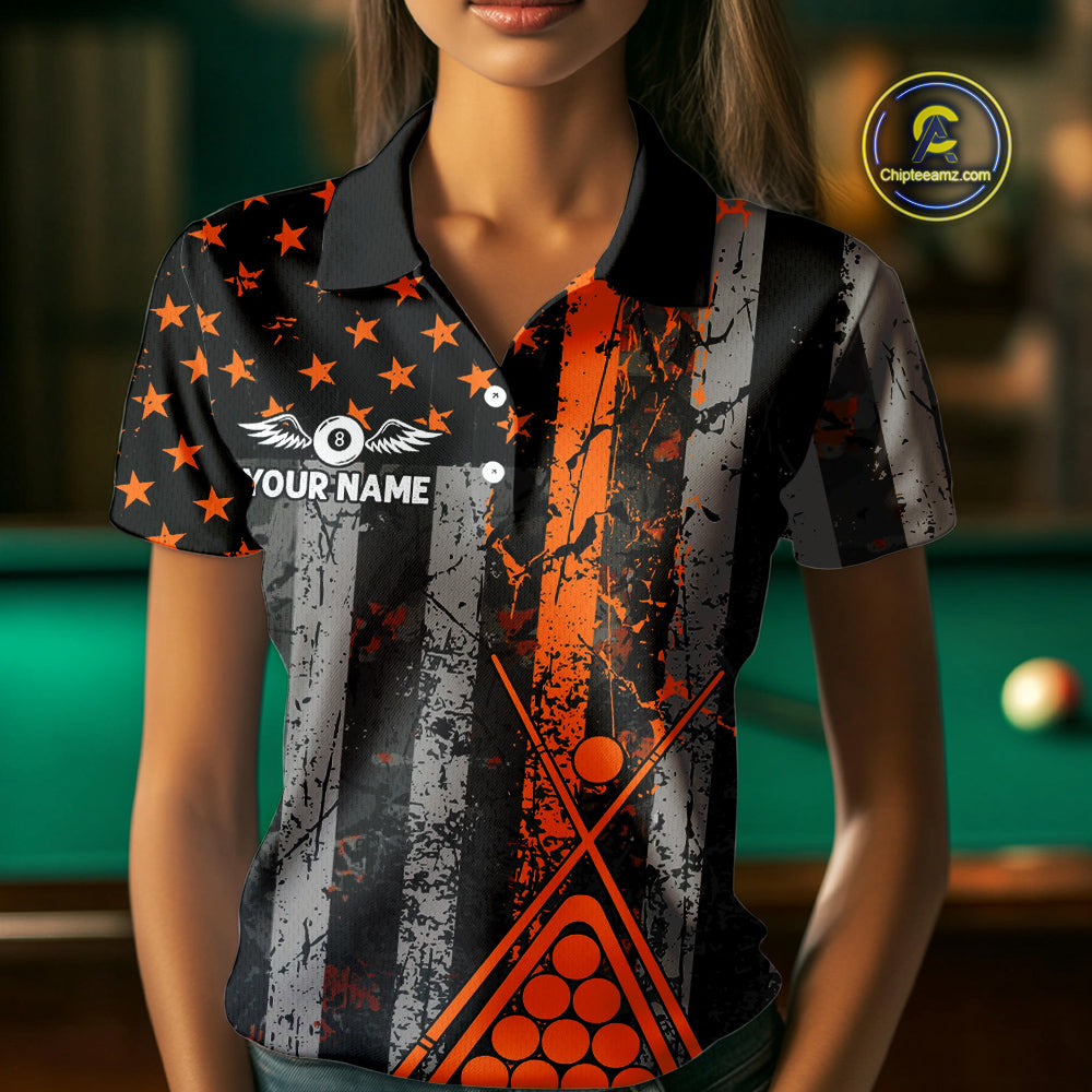 Custom Orange Grunge US Flag Patriotic Billiard Shirts For Women, Retro 8 Ball Pool Billiard Jersey TDM4046