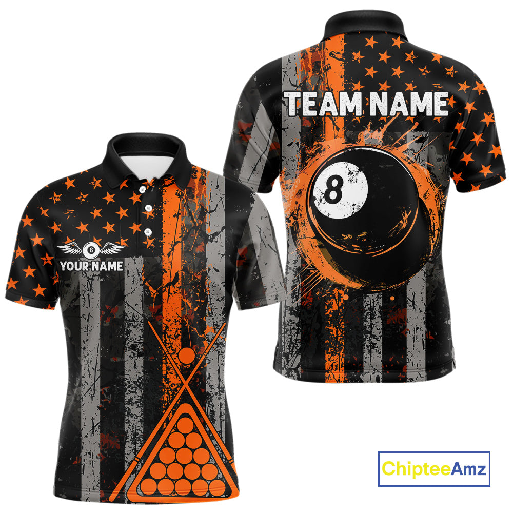 Custom Orange Grunge US Flag Patriotic Billiard Shirts For Men, Retro 8 Ball Pool Billiard Jersey TDM4046