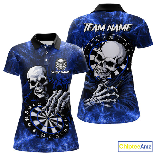 Personalized Blue Funny Skeleton Darts Shirt For Women Custom Skull Darts League Team Jersey TDM4397