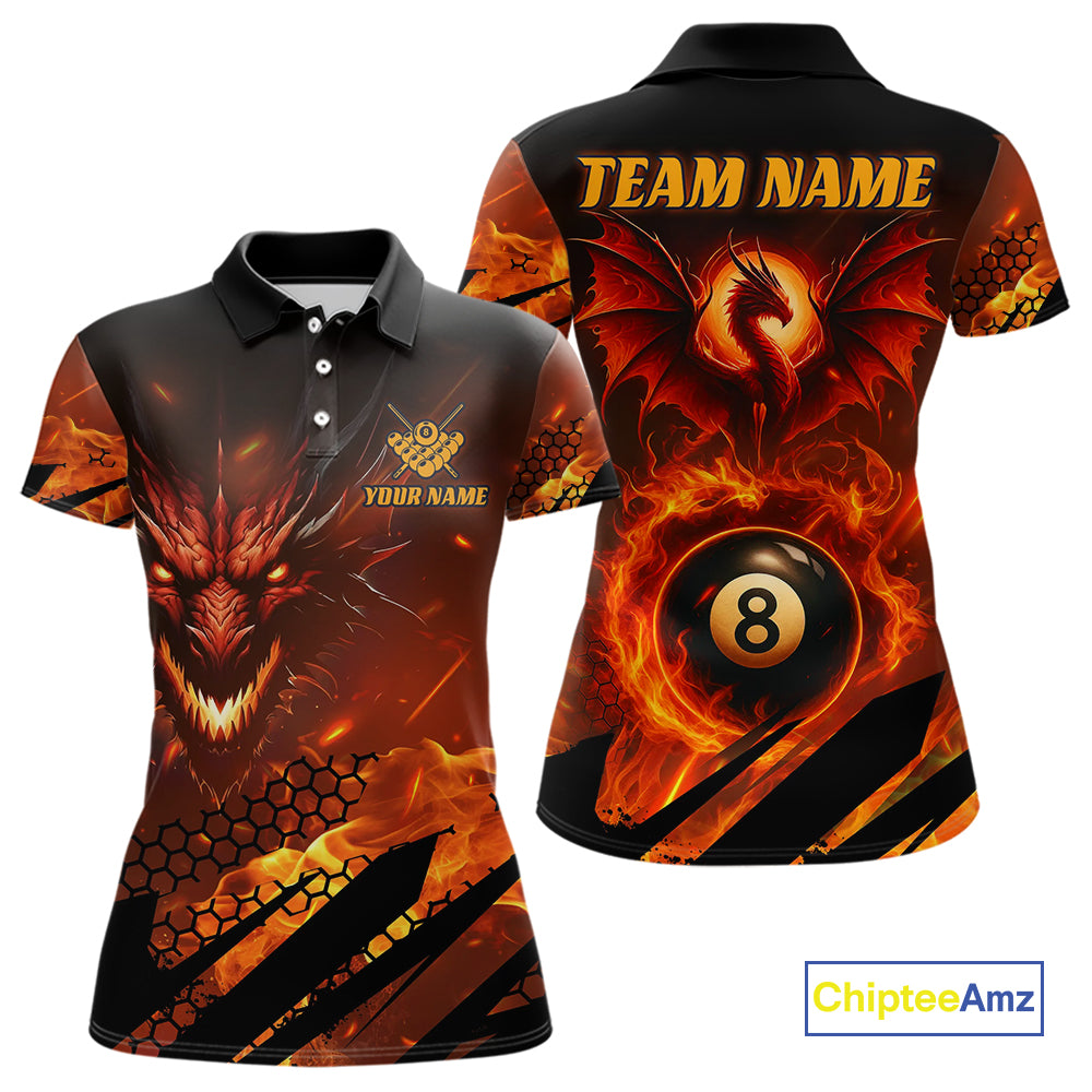 Personalized Orange Flame Dragon 8 Ball Billiard Shirt For Women, Pool Team Jersey Polo & 1/4 Zip TDM4399