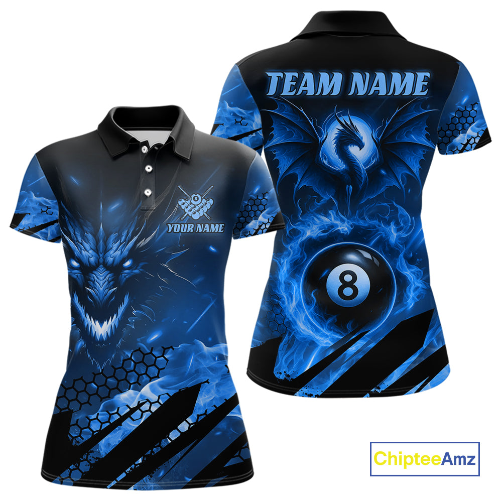 Personalized Blue Fire Flame Dragon 8 Ball Billiard Shirt For Women, Pool Team Jersey Polo & 1/4 Zip TDM4400